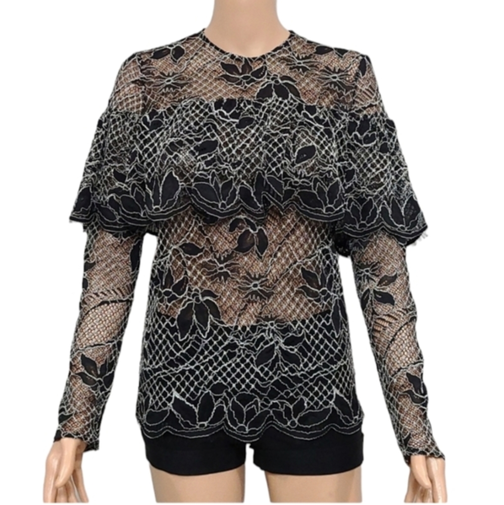 Zara Lace Blouse With Frill Long Sleeve Black 2731/249 Size S